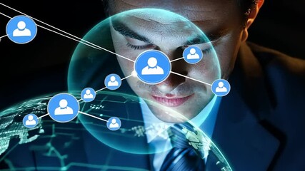 Businessman analyzing global connections with digital network graphics and virtual user icons - Powered by Adobe