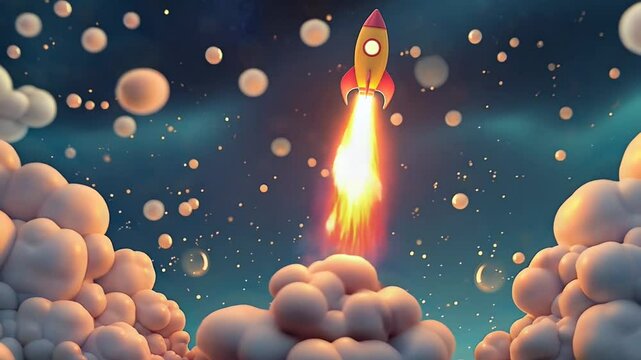 Cartoon rocket soars past clouds in space adventure with stars and cosmic dust