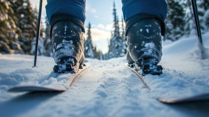 Eye-level perspective of skiing boots gliding through snowy landscape adventure