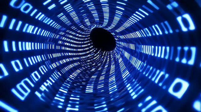 Abstract digital tunnel with blue binary code swirling towards a dark center, symbolizing technology