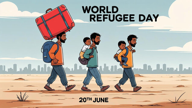 World Refugee Day Illustration Featuring Father and Child Walking Through Desert Landscape with City Skyline Backdrop for Social Awareness Campaign - Powered by Adobe