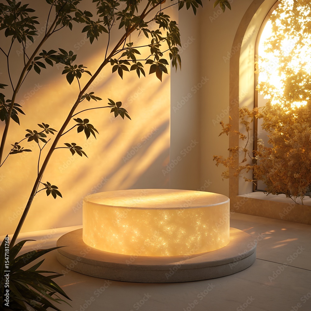 Fototapete a round illuminated white podium sits on a smaller base in a minimalist interior setting bathed in s