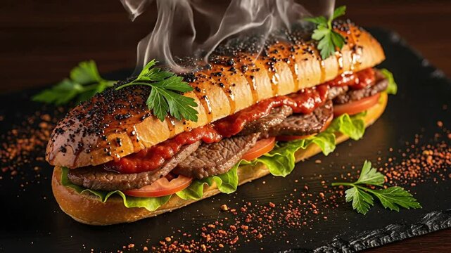 Delicious hot meat sandwich with fresh vegetables and herbs served on a dark plate
