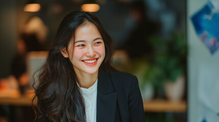Obraz premium Confident Asian professional smiling warmly, embodying success and approachability in modern workplace.