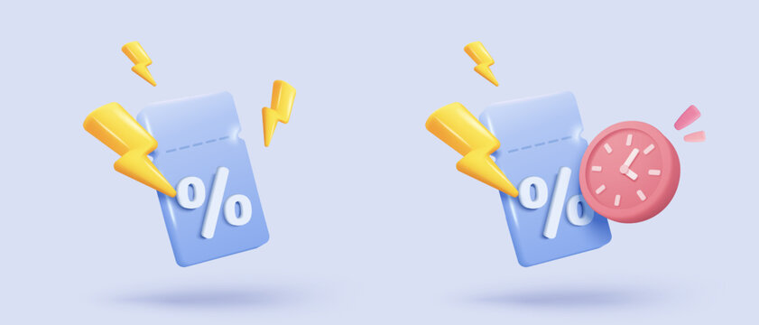 3d tag price icon signs with clock notice for discount coupon of cash and future use shopping. sales coupon offer for shopping, special promotion. 3d discount reminder icon vector render illustration