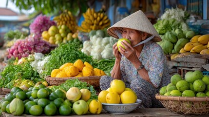Elderly woman enjoying fresh fruit at a market