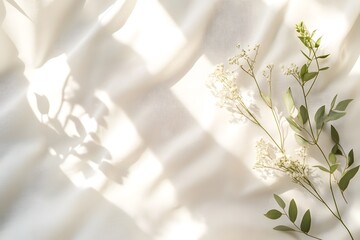 White background, soft shadow, and blurred light effect on the surface of a white fabric texture.