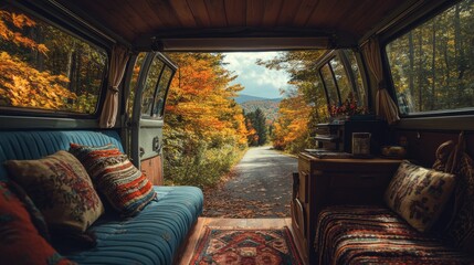 Cozy camper van interior with autumn forest road view through open doors. Road trip essentials, concept of travel and freedom