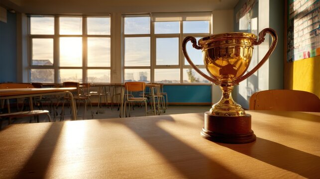 Young Recognition Faculty concept. Trophy on a table in a sunlit empty classroom setting.