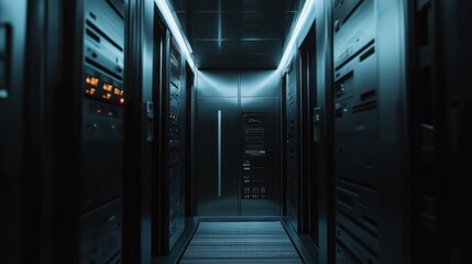 Data center corridor with servers and illuminated panels creating a futuristic atmosphere