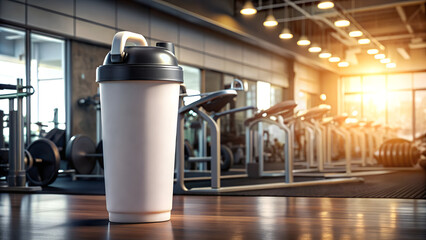 Protein shaker in a gym with treadmills and weightlifting equipment