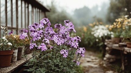 Obraz premium Purple flowers bloom in a garden setting.