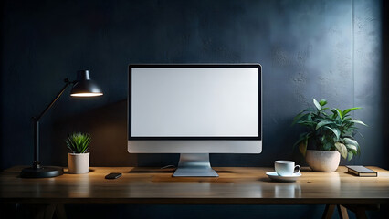 Modern Workspace with Blank Computer Screen Lamp Plants and Coffee Cup