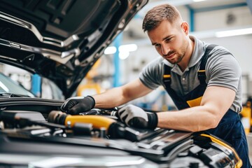 mechanic working on car engine, workers at work in warehouse, hands of a man in workshop, repair of the car.