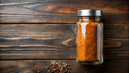Spice Jar and Pepper on Rustic Wood Background with Copy Space