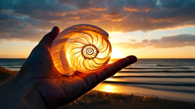 A hand holding a beautiful nautilus shell against a stunning sunset over the ocean