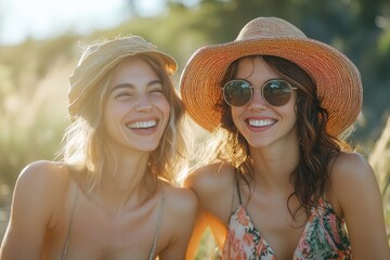 Girlfriends laughing together under the summer sun, enjoying a relaxed and fun-filled day outdoors, Generative AI