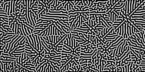 Turing reaction diffusion monochrome seamless pattern with chaotic motion. Abstract Turing organic wallpaper background. Linear design with biological shapes. Organic lines in Memphis. © Azadur