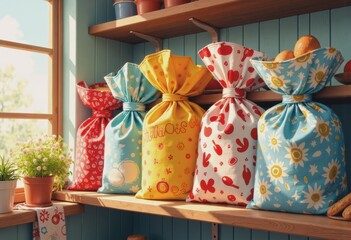 Colorful flour sacks displayed on a bakery shelf, adding charm to the setting