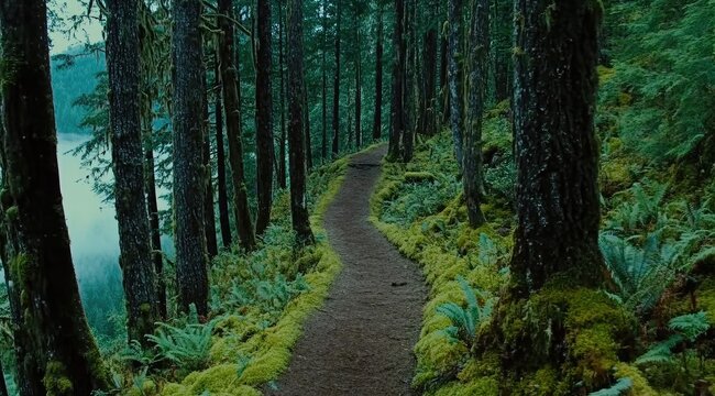 Misty forest path winds through lush greenery