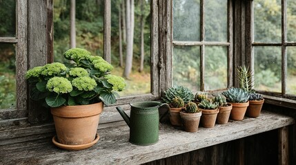 Potted plants and succulents on a rustic wooden windowsill.