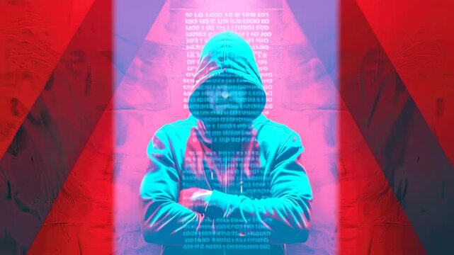 he red light beams on the wall flicker and glitch like a failing hologram The blue light on the hooded figure intensifies, and faint lines of binary code briefly scroll