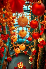 Festive gold and red Christmas ornaments hanging beautifully creating a magical atmosphere