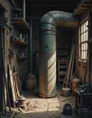 Illustration of metal pipes in a workshop corner, showcasing industrial design