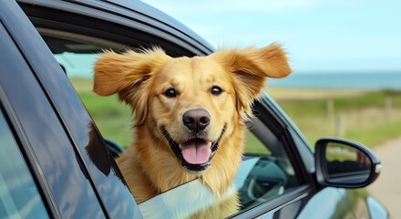Happy Golden Retriever dog enjoying the breeze during a scenic summer drive, perfect for pet travel concepts