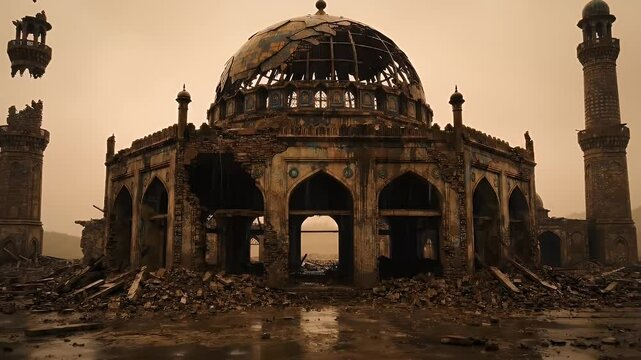 Ruined historical building against pale overcast sky depicting historical decay