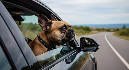 dog in car, French Bulldog with its head out of a car window, intently observing the passing scenery on a road trip.