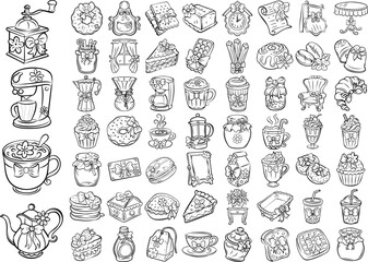 Hand drawn coffee, pastries, desserts, and cafe elements for bakery and coffee shop design