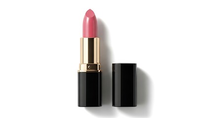Pink lipstick tube and cap on white background