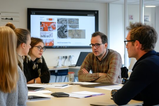 Small presentation during a new project discussion, with a team gathered around a table, engaging in brainstorming and idea-sharing, Generative AI