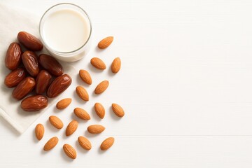 Dates, Almonds and Milk on White Wooden Table