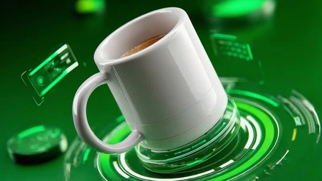 Coffee mug in motion: A sleek, white coffee mug, filled with a rich brown brew, floats amidst an abstract, technology-inspired backdrop. A visual symphony of energy and innovation.