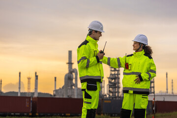 Industrial Engineers Observing Oil Refinery with Sunset in Background, Team of Engineers Conducting...