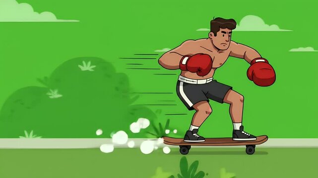 Animated boxer skateboarding outdoors