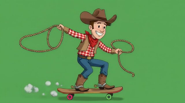 Animated cowboy on skateboard roping