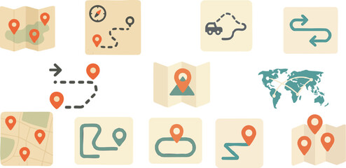 Flat Travel Map Icon Set with Pins and Path Lines for Trip Planning and Navigation Design | Generative AI