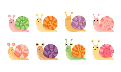Cute and Colorful Snail Characters Collection. Ideal for children's books, education, nature designs, and playful marketing, conveying slowness, cuteness, or gentle nature.