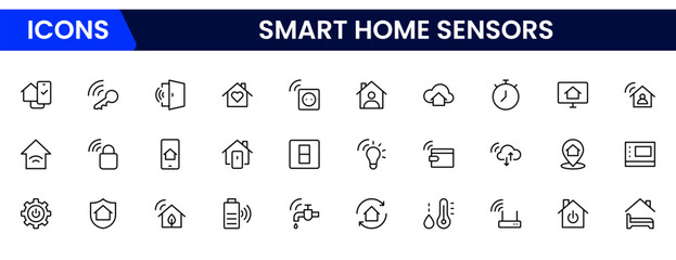 Sleek vector web line icons depicting smart home sensors, automation, security, temperature control, and connected devices for intelligent living.