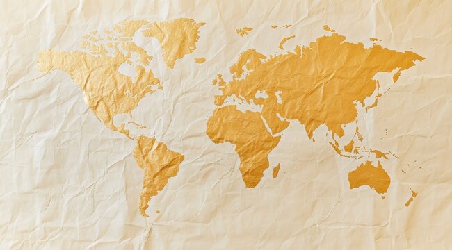 Gold world map on wrinkled parchment paper