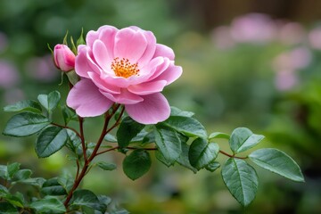 Fototapeta premium Pink rose blooming in spring with green leaves