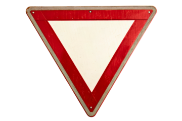 Red and white triangular yield road sign isolated with transparent background