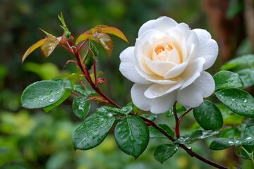 White rose blooming in the garden after the rain