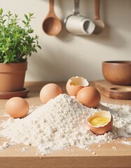 Spilled flour and broken eggs on a kitchen counter, creating a messy scene