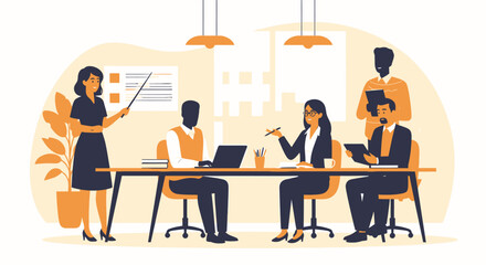 A team of professionals collaborating during a presentation in a modern office setting.
