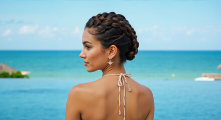 Woman with a brunette braided updo from back, in a halter top by an infinity pool overlooking the ocean. Elegant hairstyle and luxury resort lifestyle. For hair styling inspiration, travel features