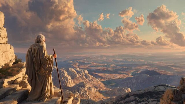 Majestic landscape view of Moses holding a staff overlooking vast mountains from mount Nebo, with dynamic camera movement capturing the serene beauty of nature at sunset, camera pushes forward.